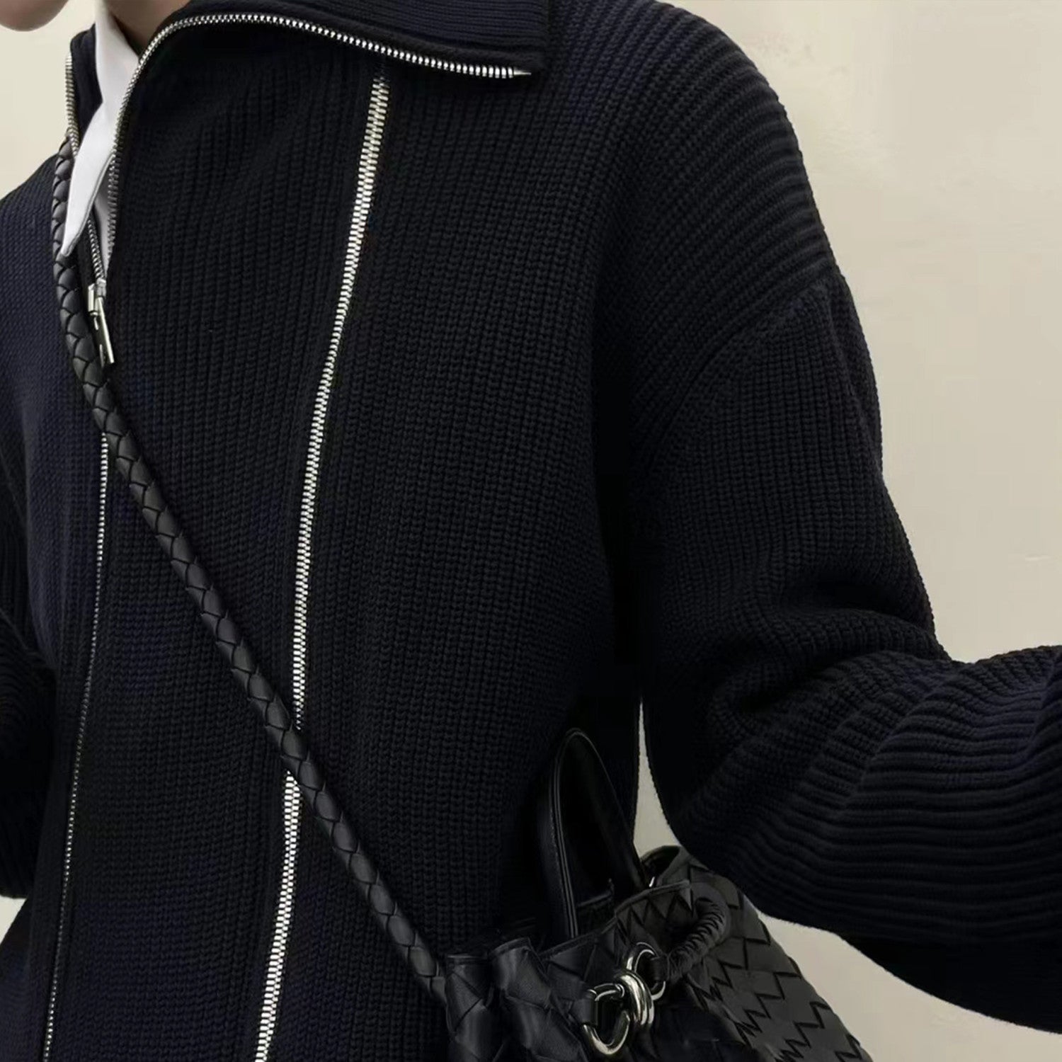 BV Men's Spring And Autumn Black Double Zip Cardigan Jumper Fashion Trend Casual Knitted Jacket Ngvp #1626