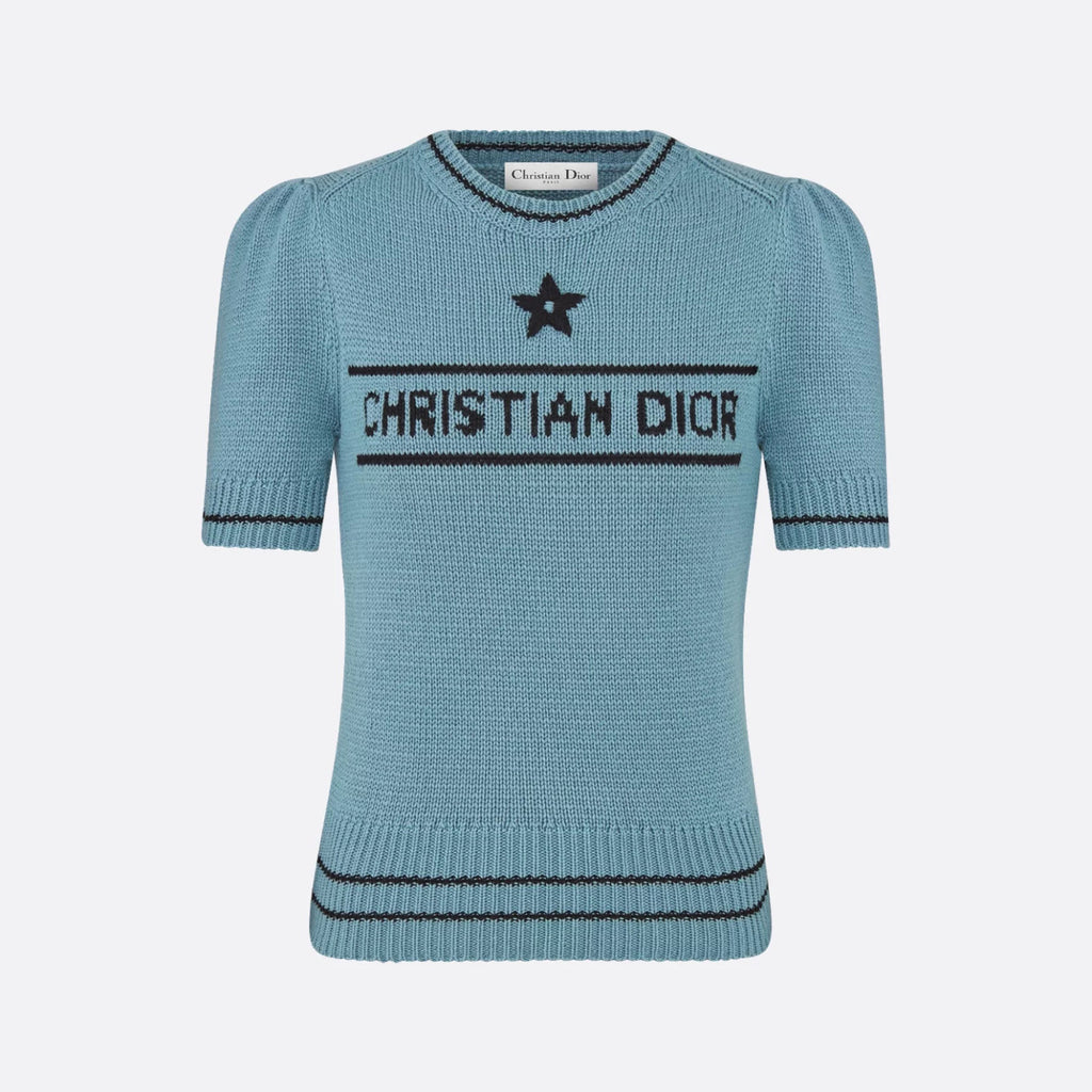 Women's Summer White Logo Round Neck Cashmere Knit Short Sleeve T-Shirt #74553