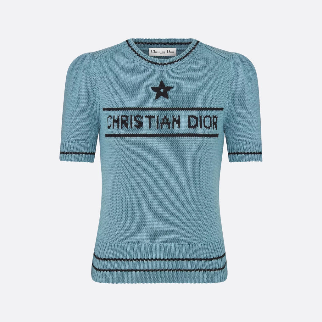 Women's Summer White Logo Round Neck Cashmere Knit Short Sleeve T-Shirt #74553