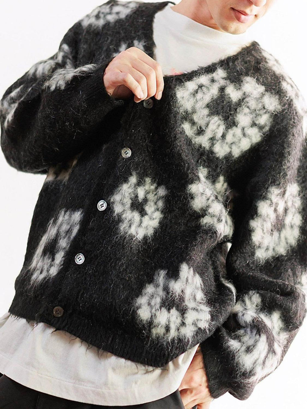 Denim Tears X Saint Michael Men's Vintage Black And White Kapok Wool Knit Sweater Fashion Casual Mohair Cardigan Single Breasted Knitted Jacket Ngvp #9824