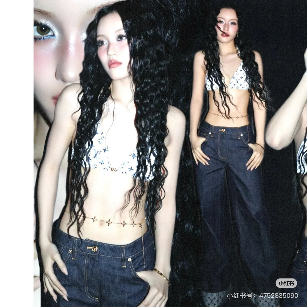 Women's Flap Flare Jeans Four Seasons Solid Color Mid-Waist Pocket Zipper Casual Pants Pants Leg Logo Printing #81345