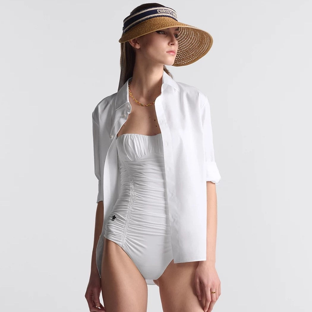 Women's Summer Embroidered Logo Pleated Nylon Halter One-piece Swimsuit #72877