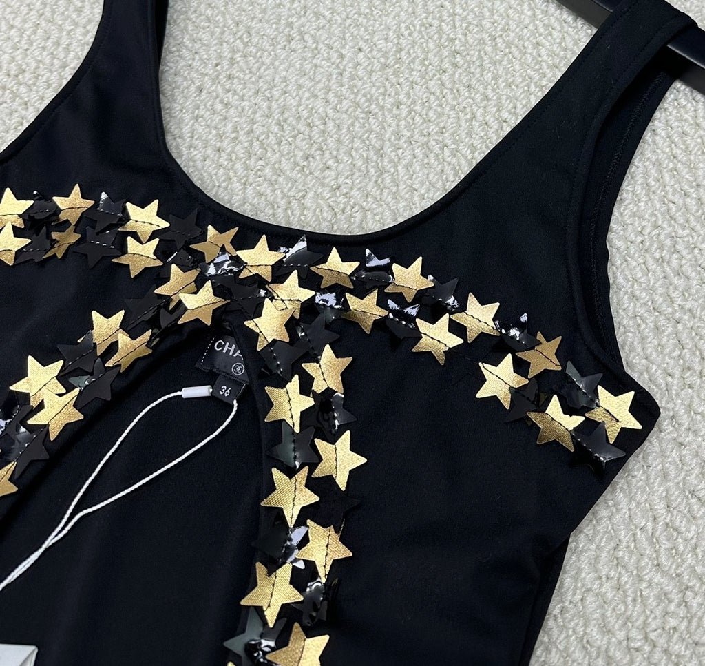 Women's Summer Gold Star Hollow Decoration Black One-piece Swimsuit #72391