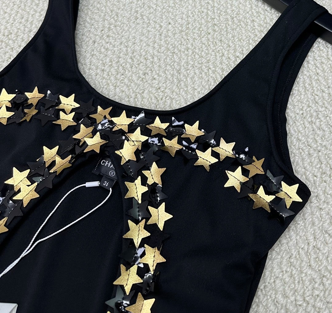 Women's Summer Gold Star Hollow Decoration Black One-piece Swimsuit #72391