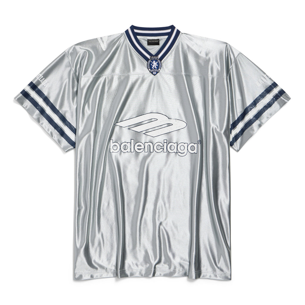 26 Spring 3B FOOTBALL Oversized V-Neck T-Shirt Silver and Bright Blue Fashionable High-Street Trend T-Shirt #82348A