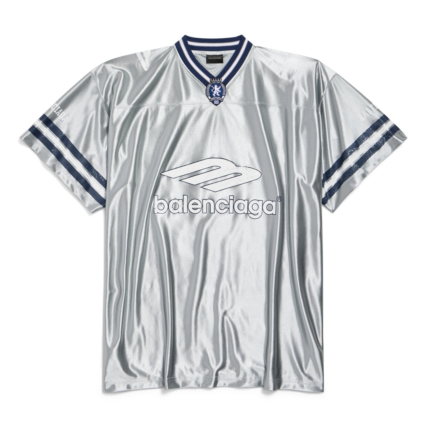 26 Spring 3B FOOTBALL Oversized V-Neck T-Shirt Silver and Bright Blue Fashionable High-Street Trend T-Shirt #82348A