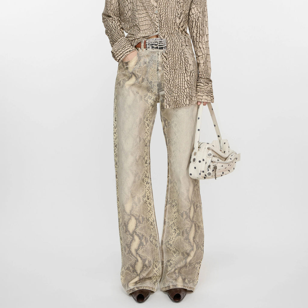 Women's Four Seasons Python Print Mid Waist Loose Cotton Micro Raglan Denim Pants Ngvp #1544