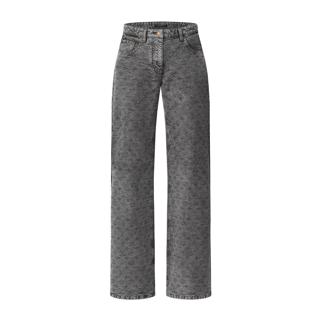 Women's Spring Autumn Solid Color Monogrammed Cameo Flared Cropped Jeans Pants #73921