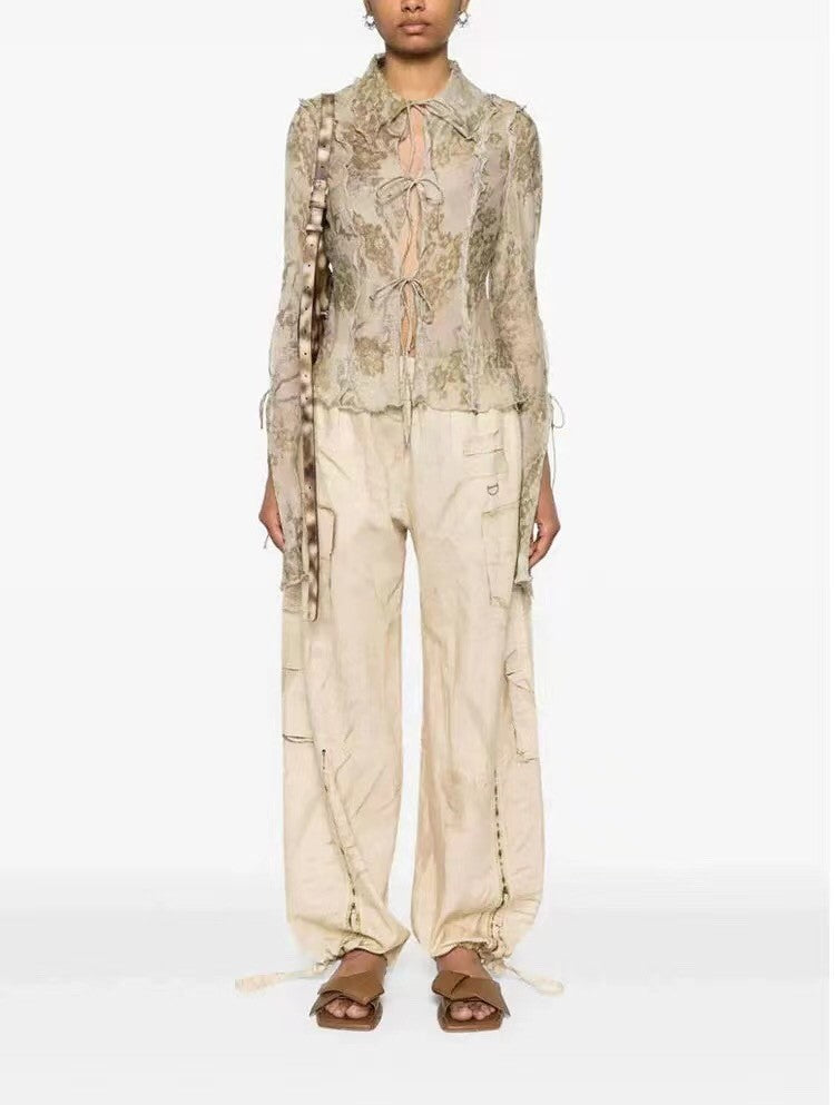 Women's Spring And Autumn Solid Color Pattern Printed Silk Casual Long Sleeve Shirt Ngvp #9187