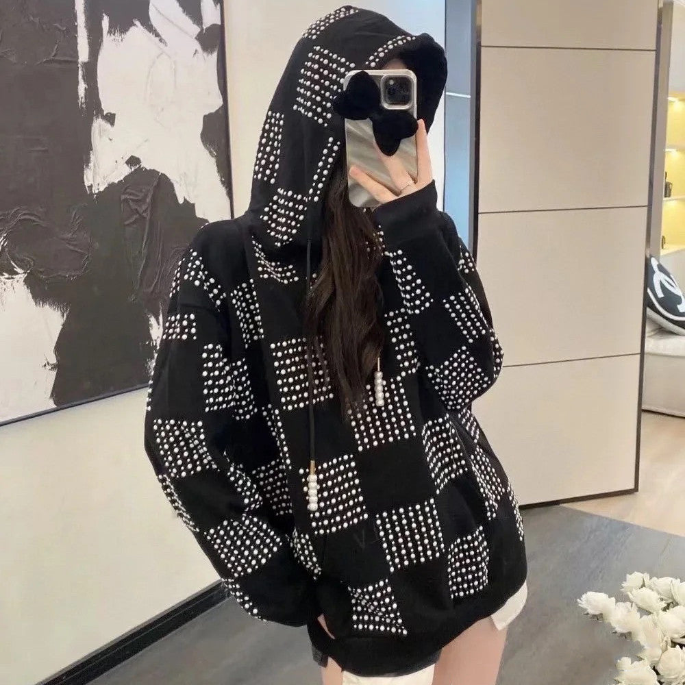 Men's Autumn/Winter Full Width Pearl Checkerboard Fleece Hooded Sweatshirt Pullover #97833