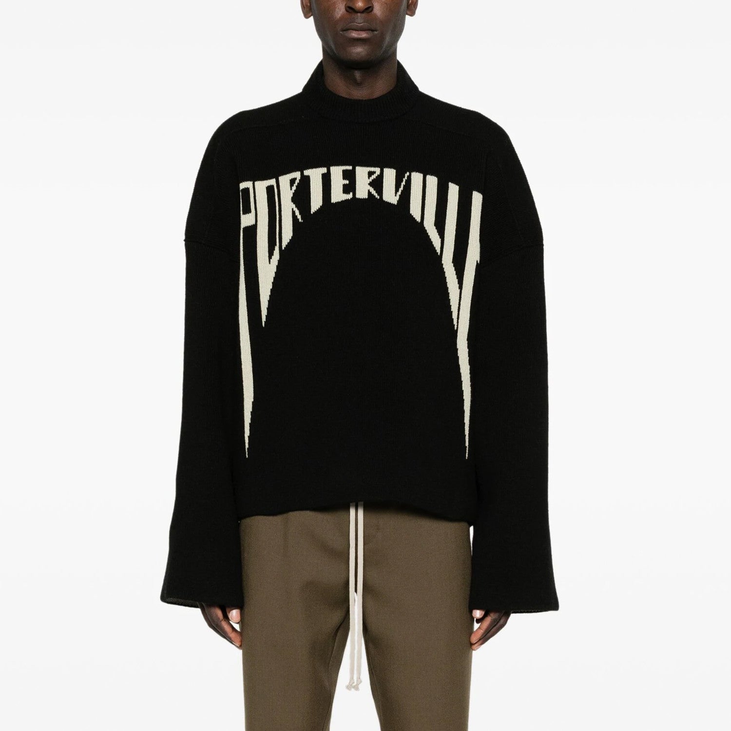 Rick Owens Men's Spring. Fall And Winter Half Turtleneck Letter Jacquard Black Knit Long Sleeve Wool Sweater Ngvp #9438