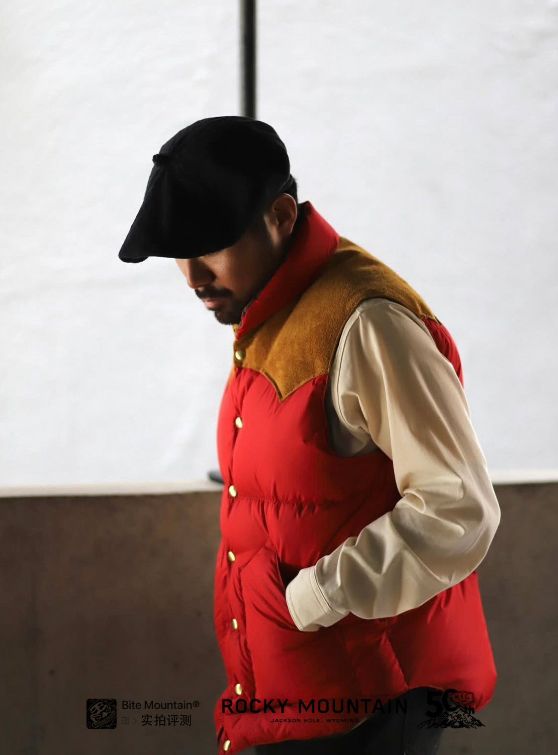 Rocky Mountain Featherbed Men's Fall/Winter Patchwork Leather Stand-Up Collar Single-Button Vest Solid Color Sleeveless Down Vest Ngvp #2513