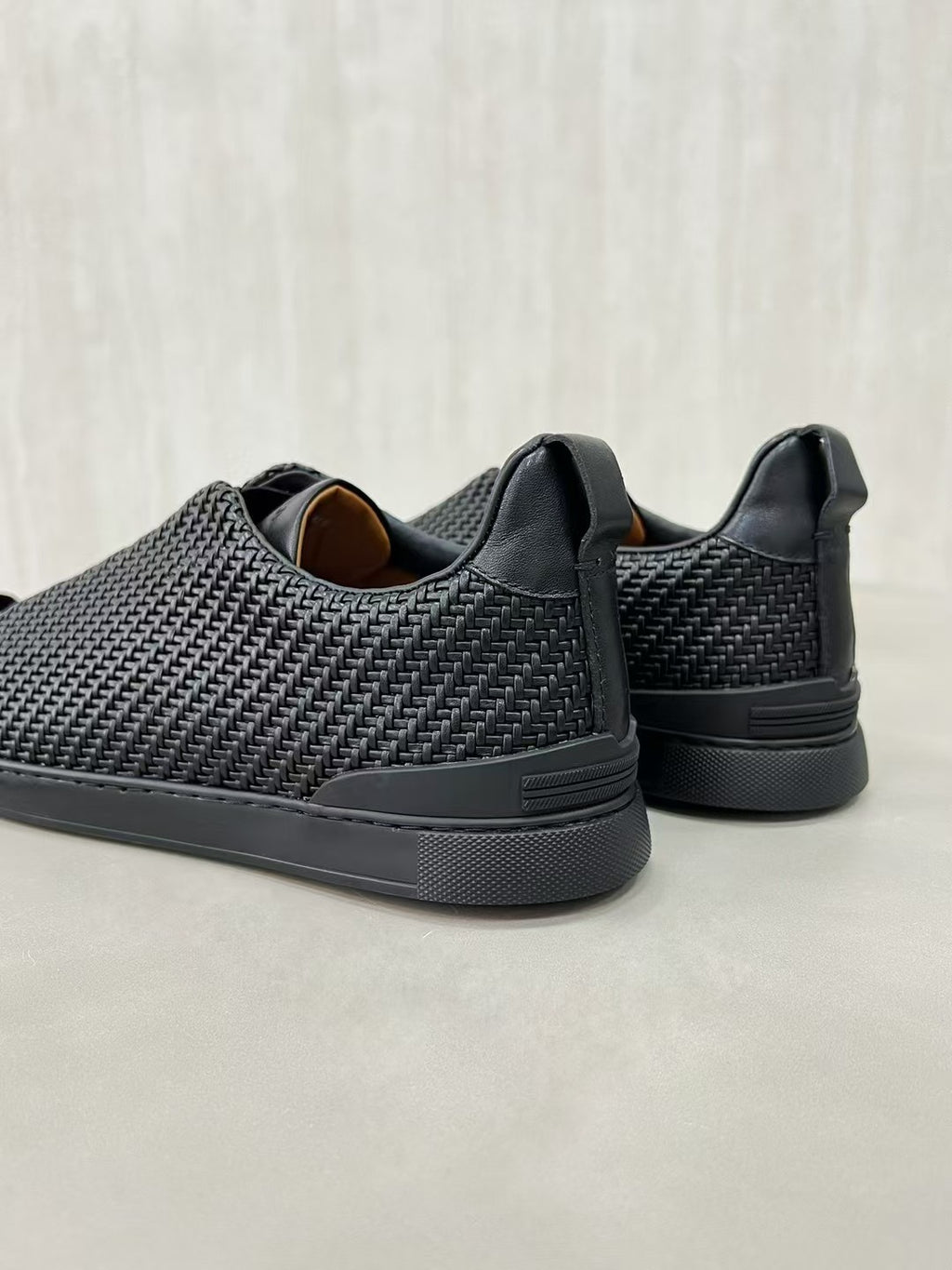 Ermenegildo Zegna Stitch Men's Solid Color Round Toe Slip-On Woven Leather Casual Skate Shoes #77926