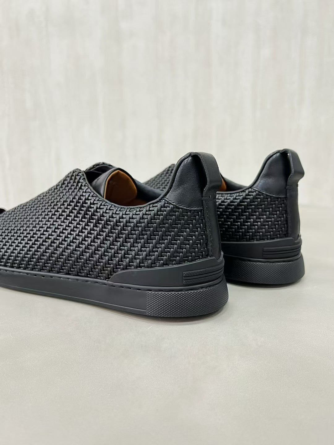 Ermenegildo Zegna Stitch Men's Solid Color Round Toe Slip-On Woven Leather Casual Skate Shoes #77926