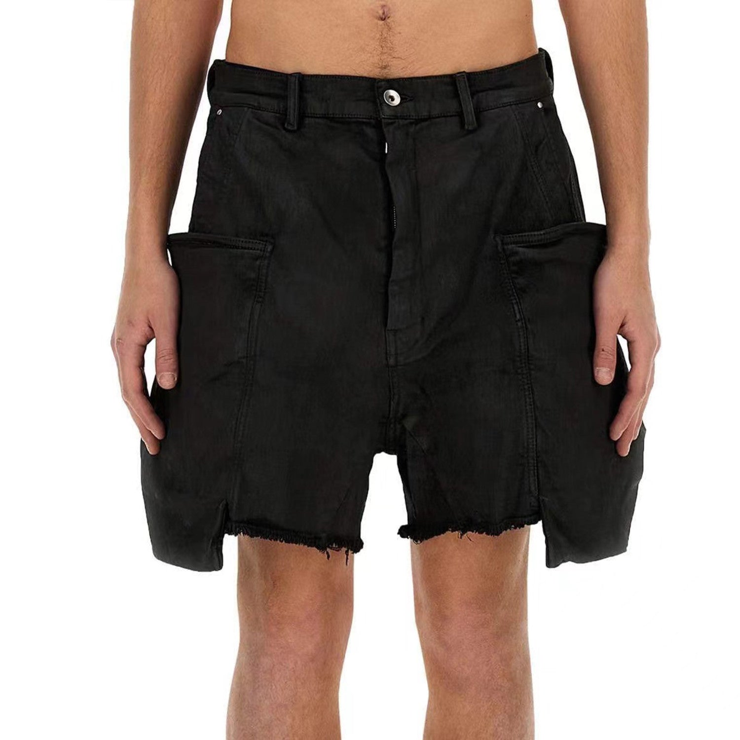 Men's Summer Mid Waist Zipper Loose Straight Waxed Casual Black Multi-Pocket Shorts Ngvp #8661