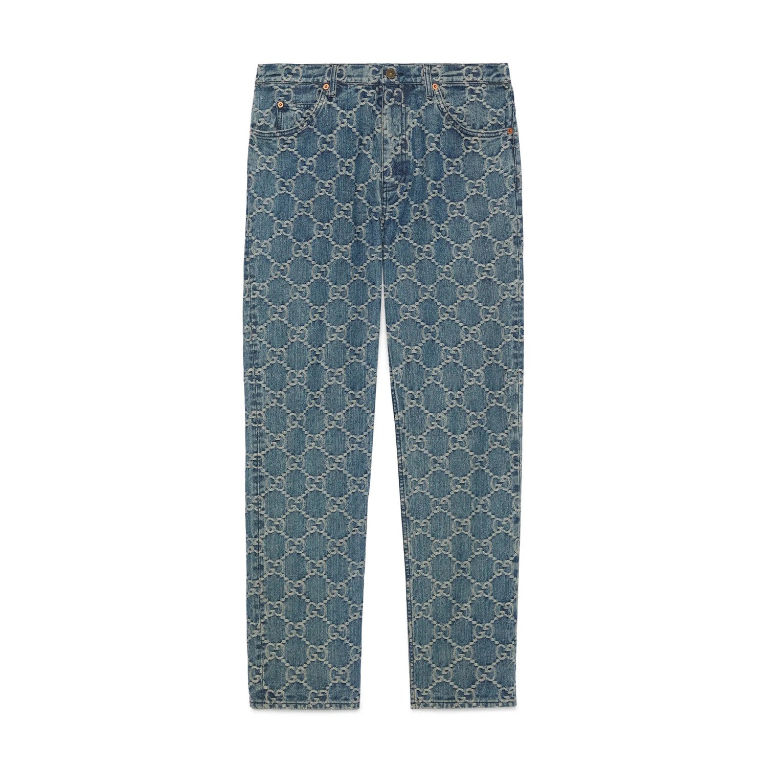 Men's Spring Autumn Blue Letter Print Jacquard Straight Zip Pocket Jeans Pants #99275