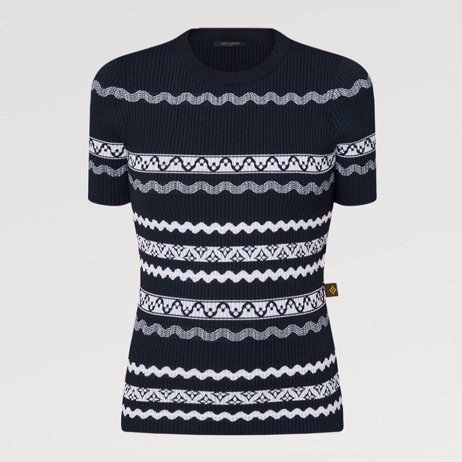 Women's Summer Solid Color Scalloped Stripe Crew Neck Pullover Fitted Knit Sweater #71474