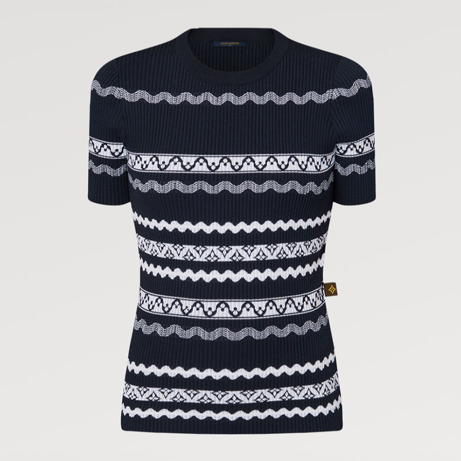 Women's Summer Solid Color Scalloped Stripe Crew Neck Pullover Fitted Knit Sweater #71474