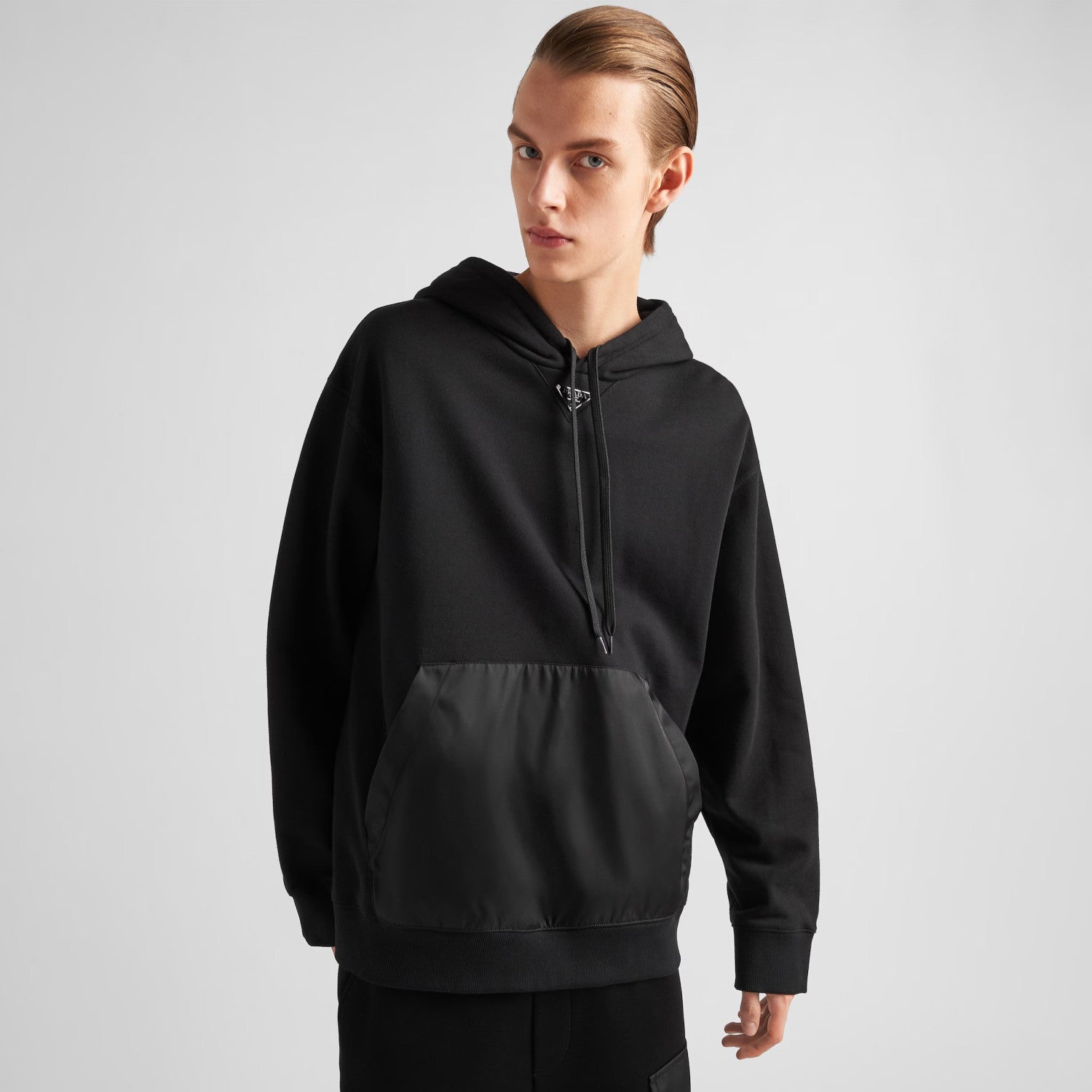 Men's Spring and Fall Triangle Metal Label Black Cotton Hooded Drawstring Loose Sweatshirt Pullover #72668
