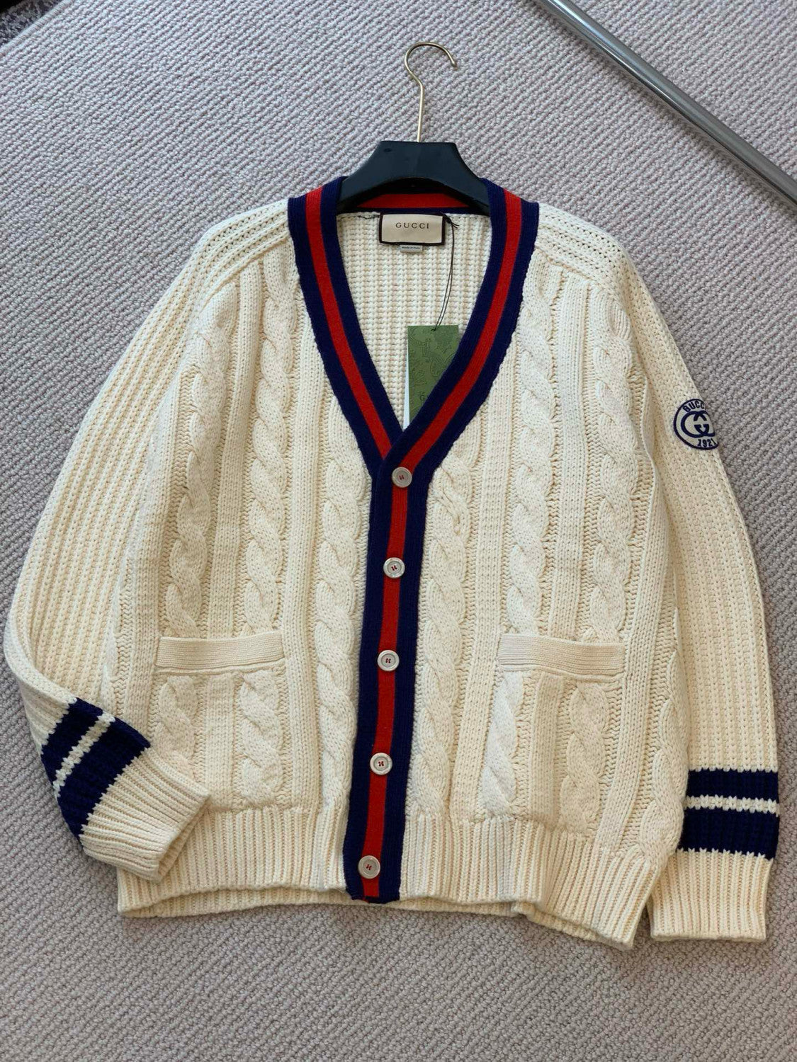 Men's Beige Colour Block Stripe V-Neck Single Breasted Long Sleeve Knitted Cardigan #97871