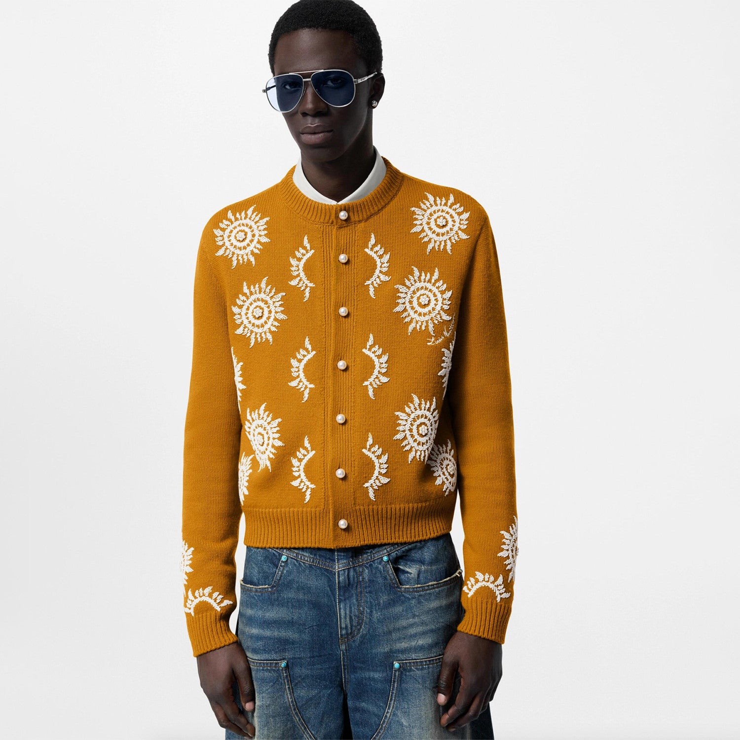 Men's Fall/winter Yellow Embroidered Cardigan Jacket Trendy Short-sleeve Crew Neck Knit Sweater #81811A