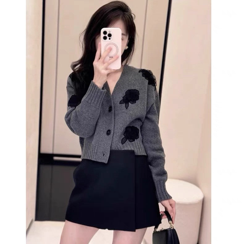 Women's Spring And Autumn Rose Embroidery Single Breasted V-Neck Gray Long Sleeve Cardigan Wool Sweater Ngvp #9476