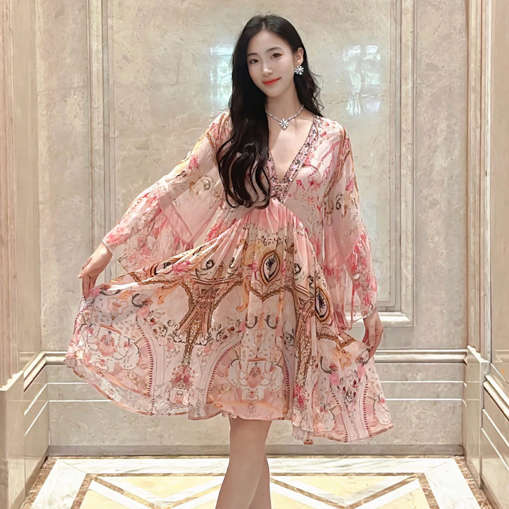 Camilla Women's Summer V-Neck Sexy Flared Sleeve Floral Printed Loose Silk Long Sleeve Dresses Ngvp #8823