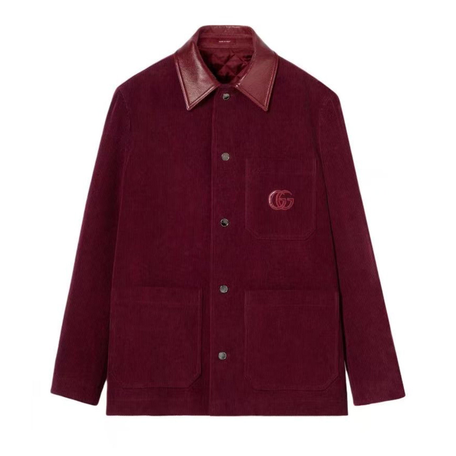 Men's Early Spring Burgundy Collared Single-breasted Shirt Jacket With Gg Embroidery Fashion Quilted Shirt-style Outerwear #194490