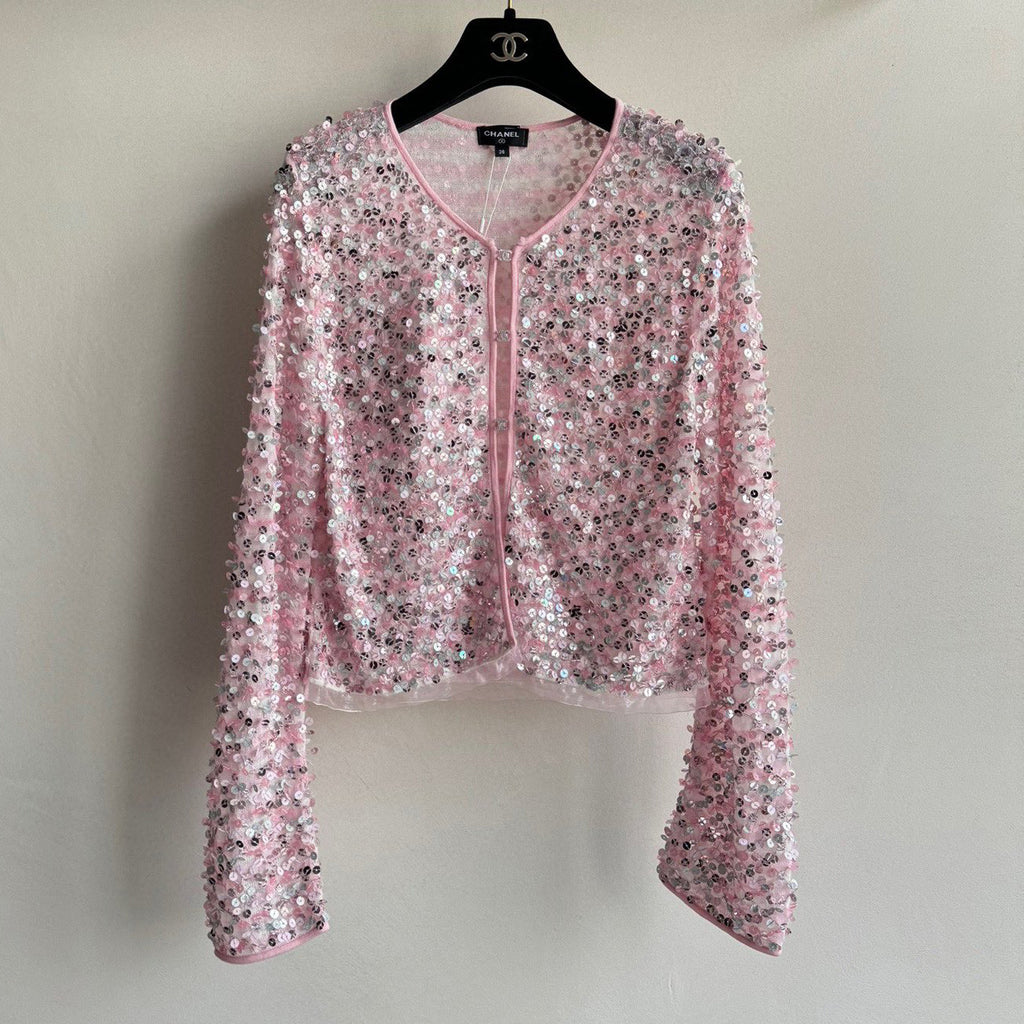 Women's Spring And Summer Sequin Design Round Neck Single-breasted Pink Long sleeved Knit Sweater Jacket #73656