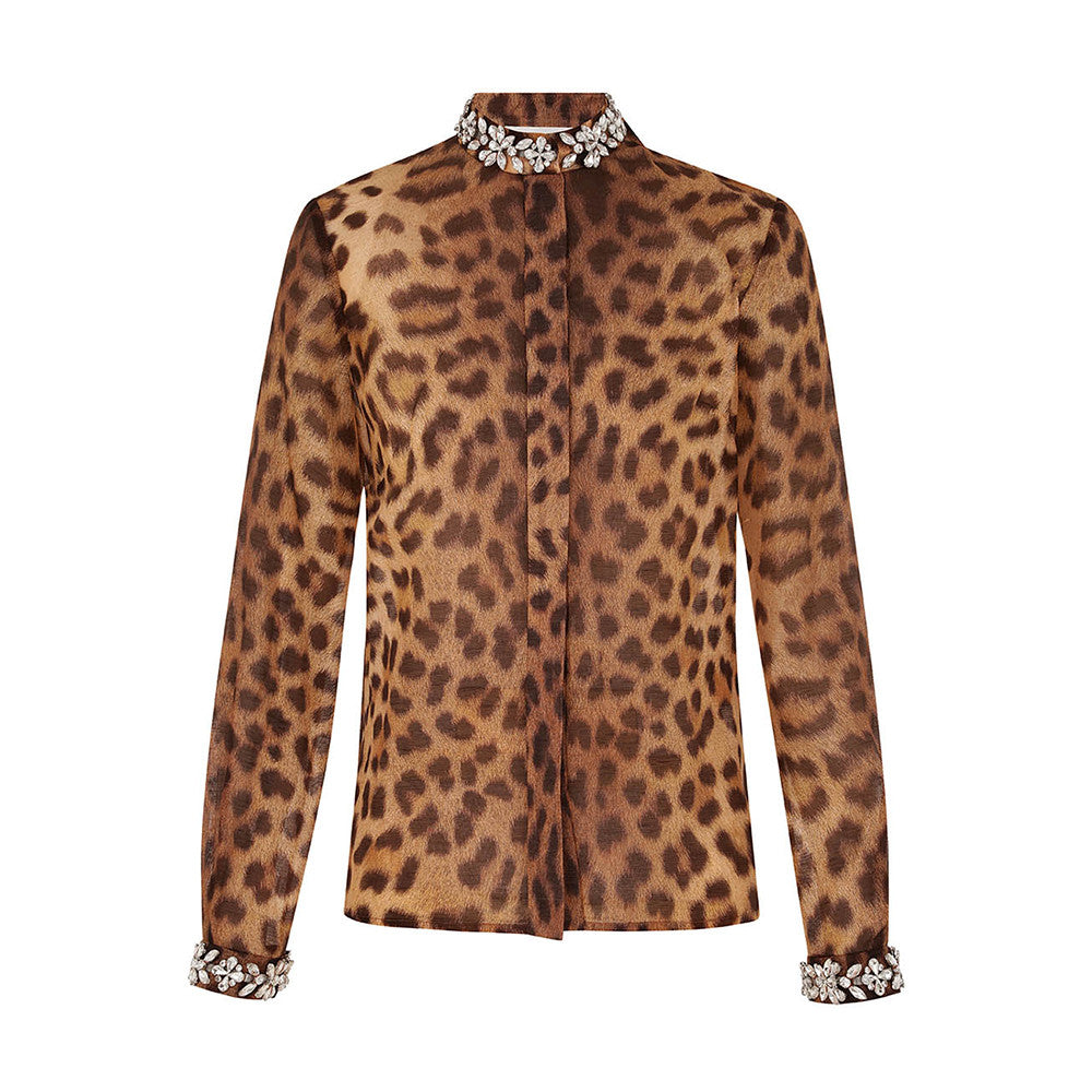 Women's Spring And Autumn Leopard Printed Studded Diamonds Round Collar Solid Color Linen Silk Long Sleeve Shirt Ngvp #9964