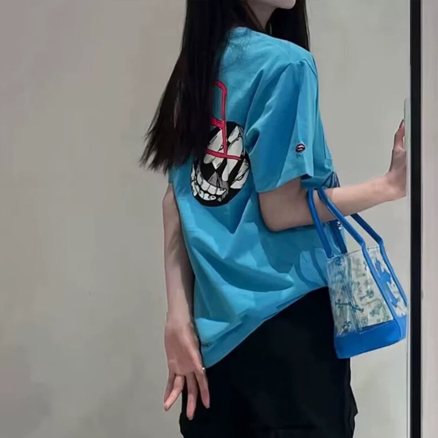 Men's Women's Spring And Summer Fashion Letter Graffiti Blue Short Sleeve Body Shirt Round Neck Loose Casual #98726