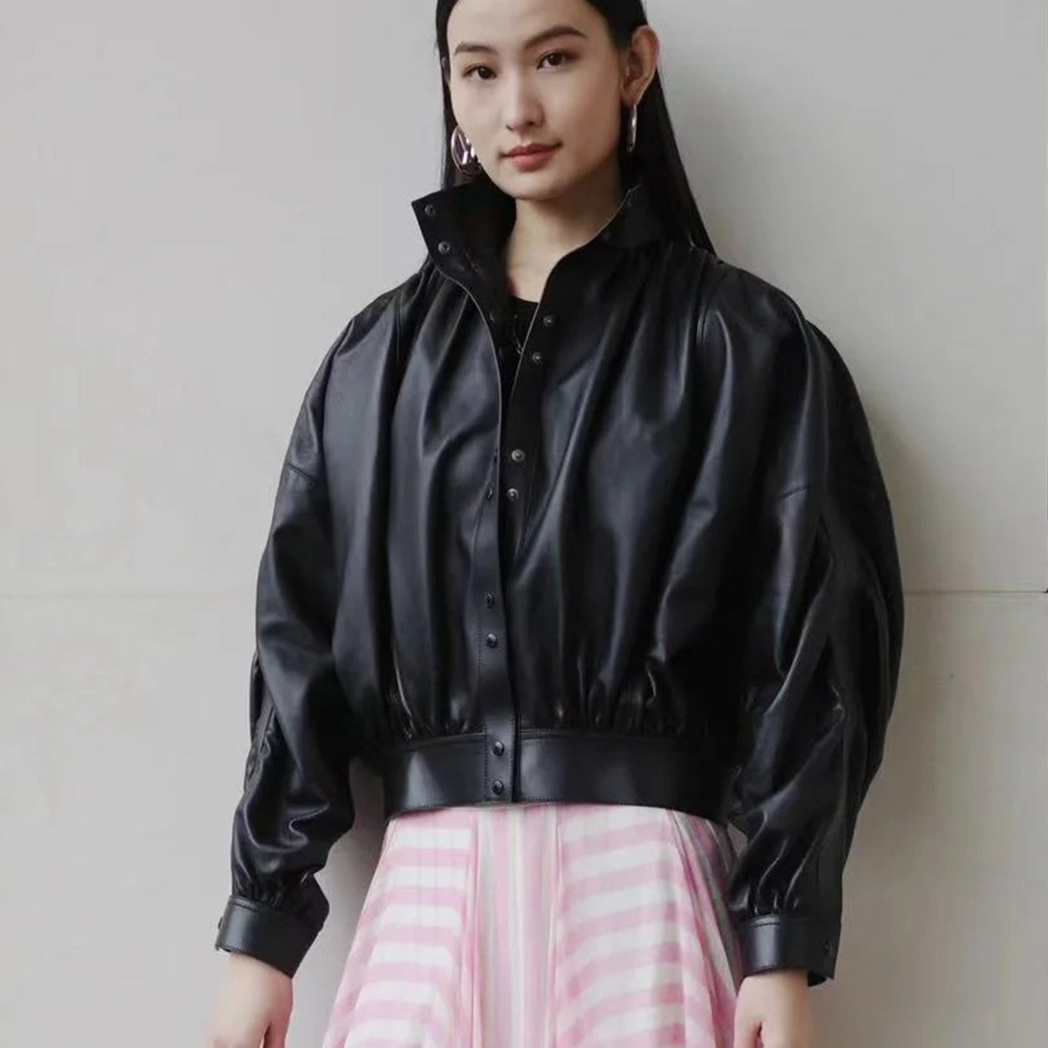 Women's Spring And Autumn Collar Pleated Sheepskin Jacket Single-breasted Color Blocking Casual Fashion Jacket Ngvp #8698