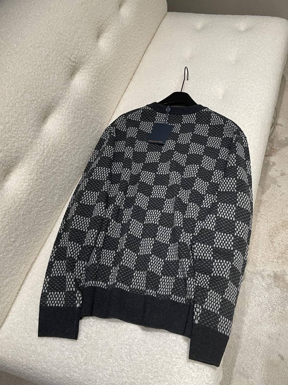 Men's Spring and Autumn Black Checkerboard Print Logo Pattern Round Neck Long Sleeve Sweater #73789