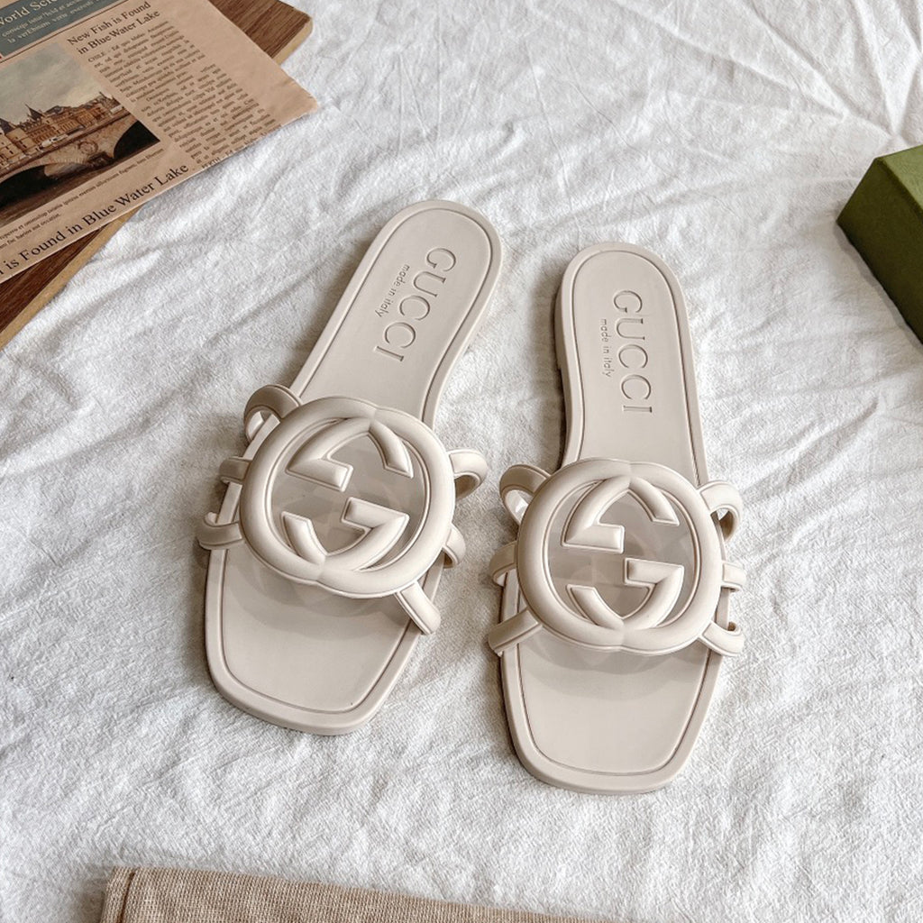 GG  Women's Summer Double G Hollow out Square Head Flat Slippers Solid Color Casual Shoes #81341