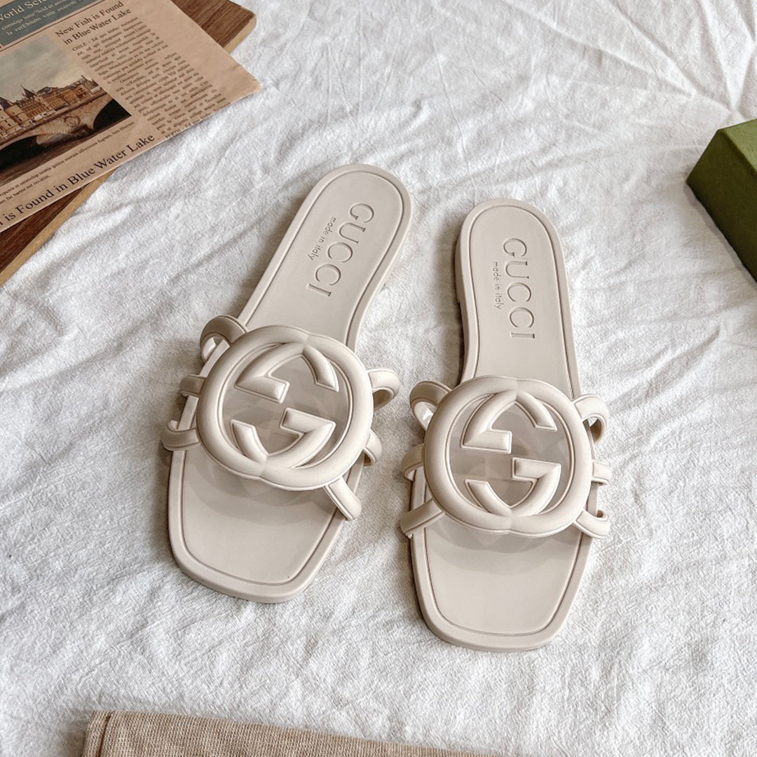 GG  Women's Summer Double G Hollow out Square Head Flat Slippers Solid Color Casual Shoes #81341