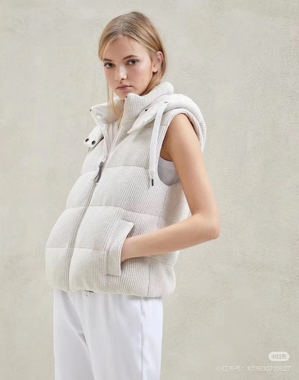 Women's Fall/winter Cotton British Ribbed Knit Down Vest Hooded Drawstring Sleeveless Jacket Ngvp #2417