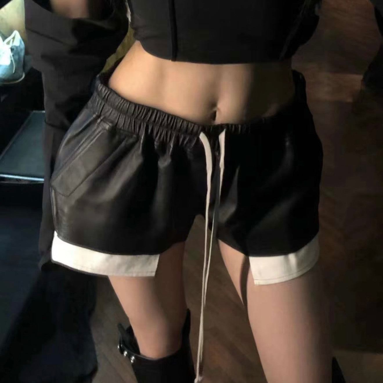 Women's Summer Solid Colour Drawstring Leather Trendy Casual Shorts #77918