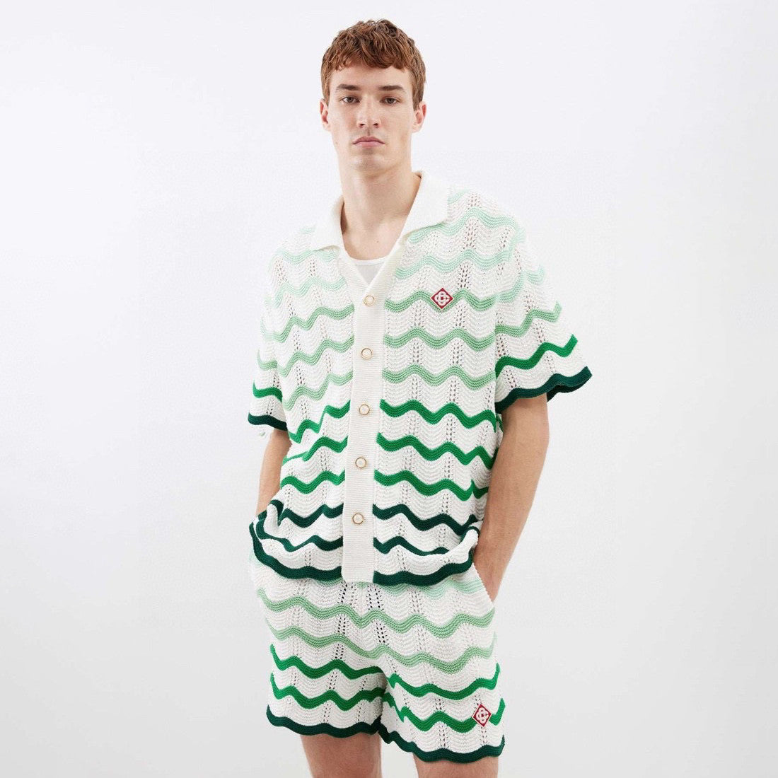 Men's Summer Wave Stripe Single Breasted Knit Short Sleeve Shirt Cotton Shorts Pants Suit Set #98831