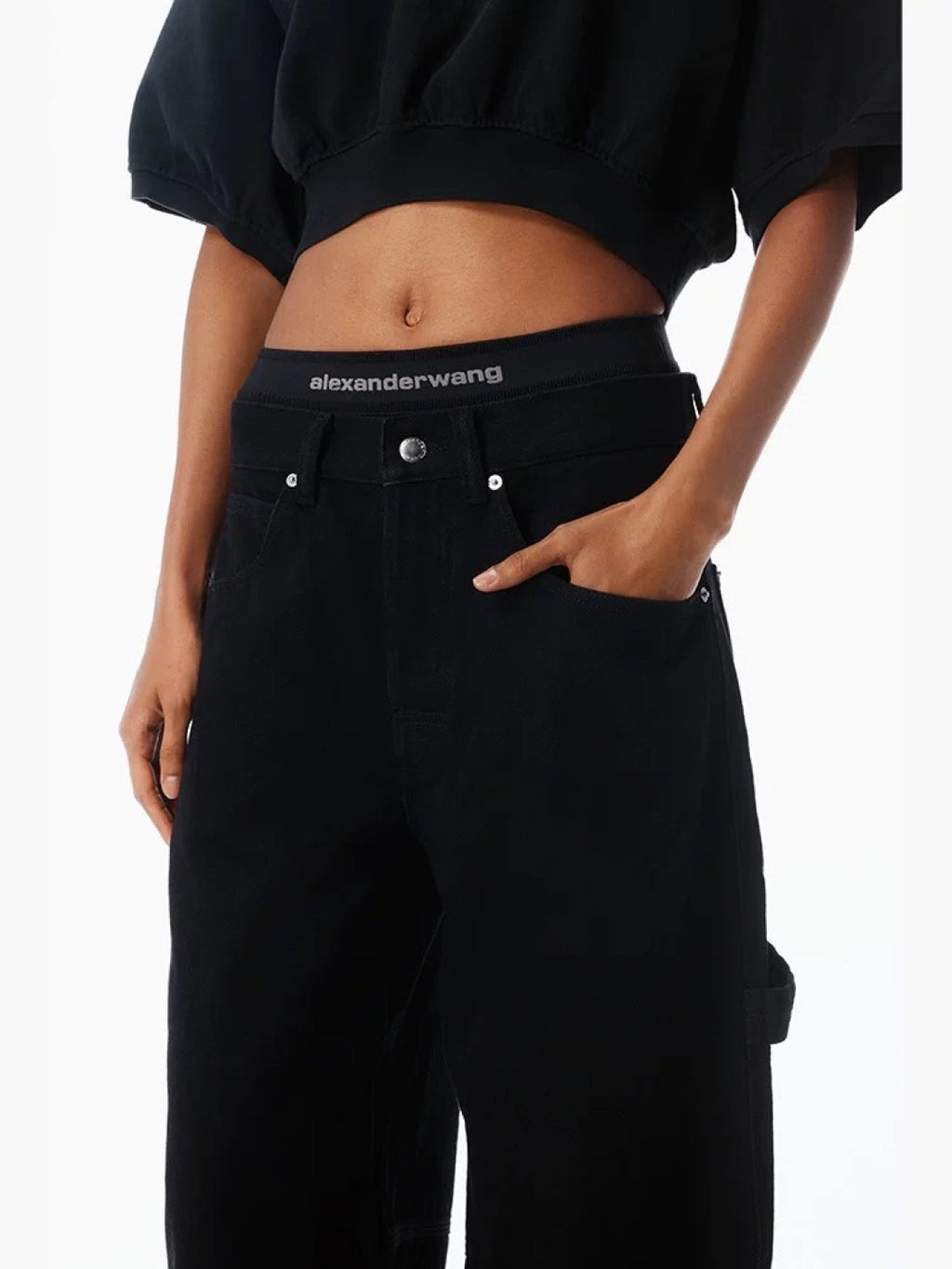 Women's Faux two-piece design Double-layered waistband Curved cut details Workwear-style denim pants #82533A