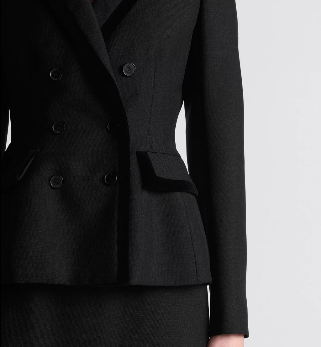 Women's Spring and Autumn Wool Velvet Trim Waisted Suit Lapel Double Breasted Black Jacket Ngvp #8924