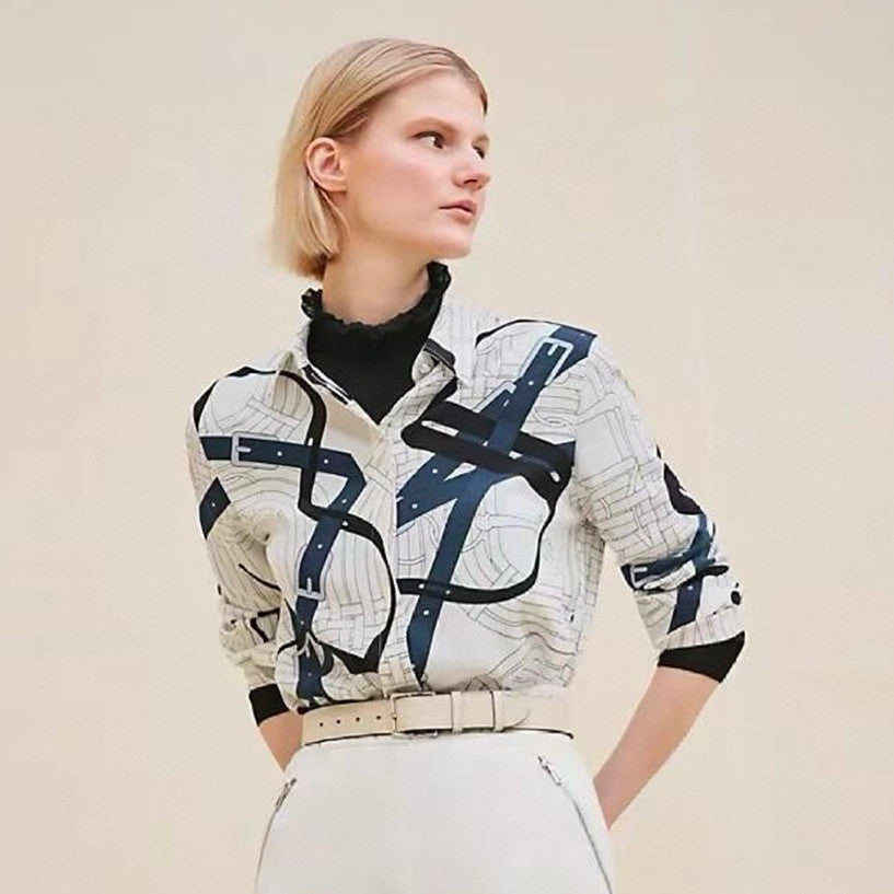 Women's Spring. Summer And Fall Chain Print Lapel Single-Breasted Silk Casual Fitted Long-Sleeved Shirt Ngvp #9632