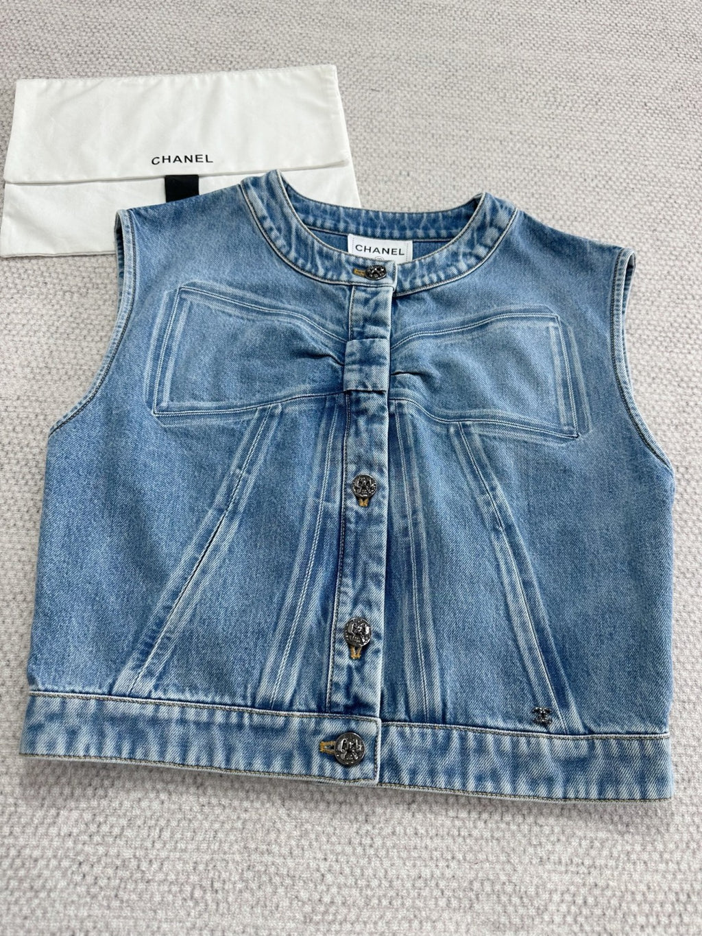 Women's Spring/Fall Casual Solid-Color Cotton Crew Neck Bow-Detail Denim Sleeveless Vest Ngvp #2591