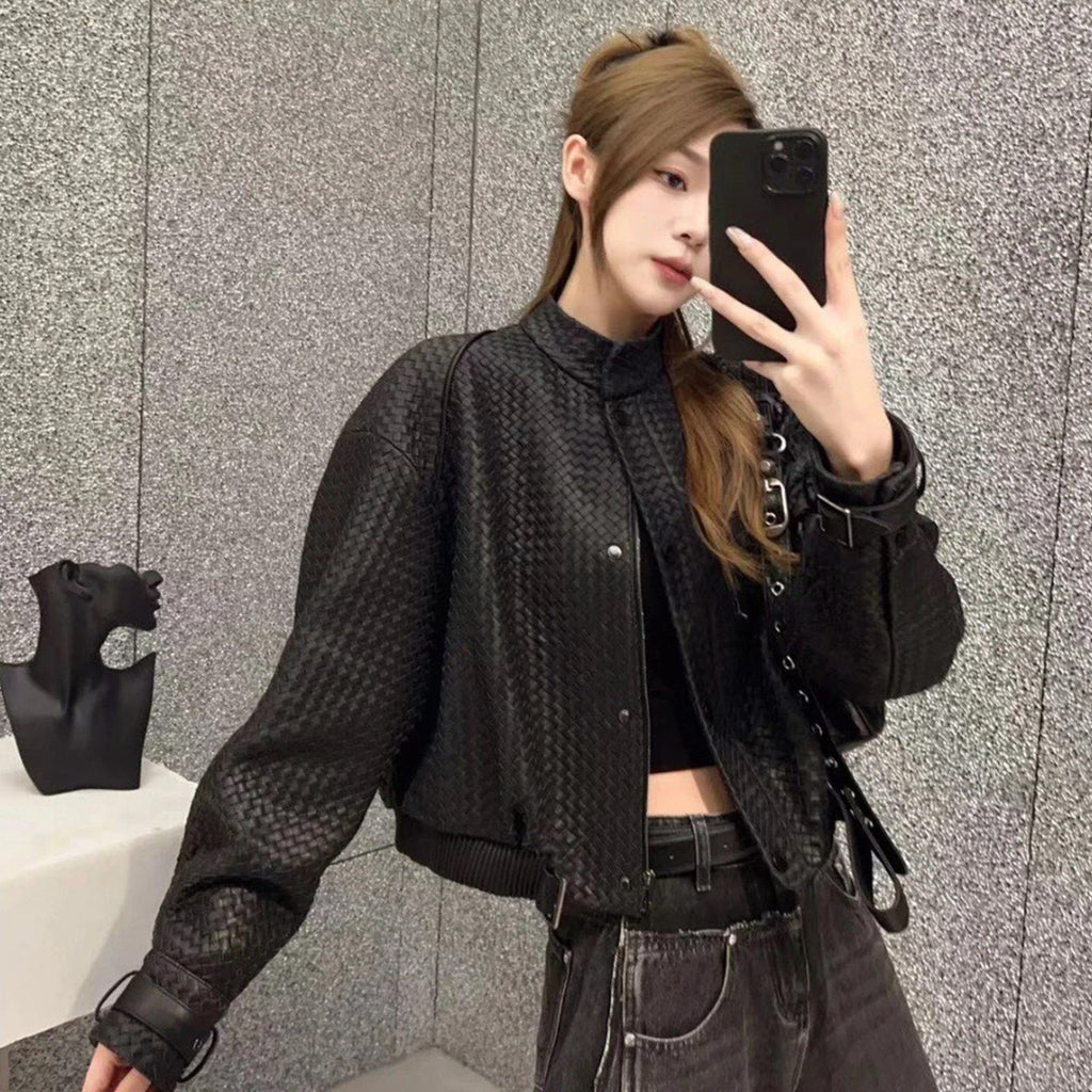 Women's Spring And Autumn Luxury Solid Color Standing Collar Leather Button Braided Sheepskin Biker Leather Coat Jacket Ngvp #8241