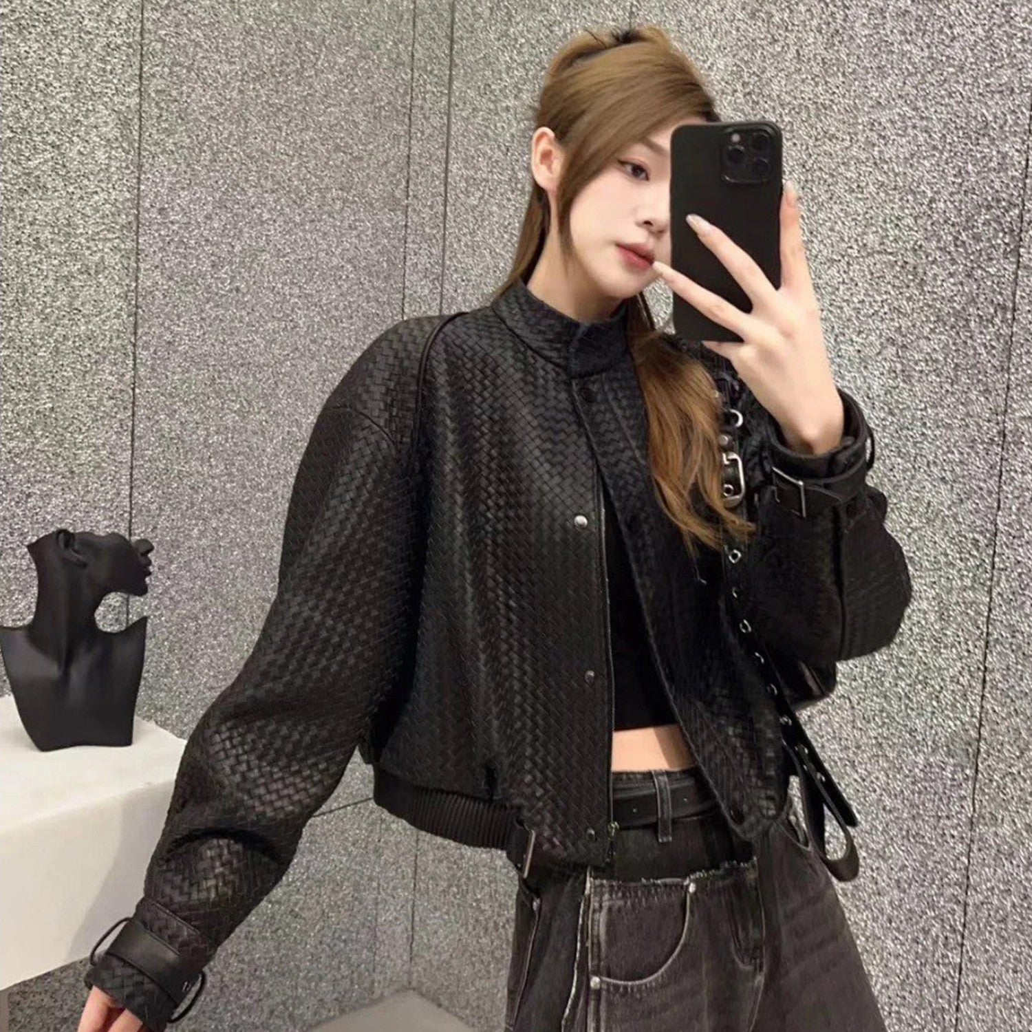 Women's Spring And Autumn Luxury Solid Color Standing Collar Leather Button Braided Sheepskin Biker Leather Coat Jacket Ngvp #8241