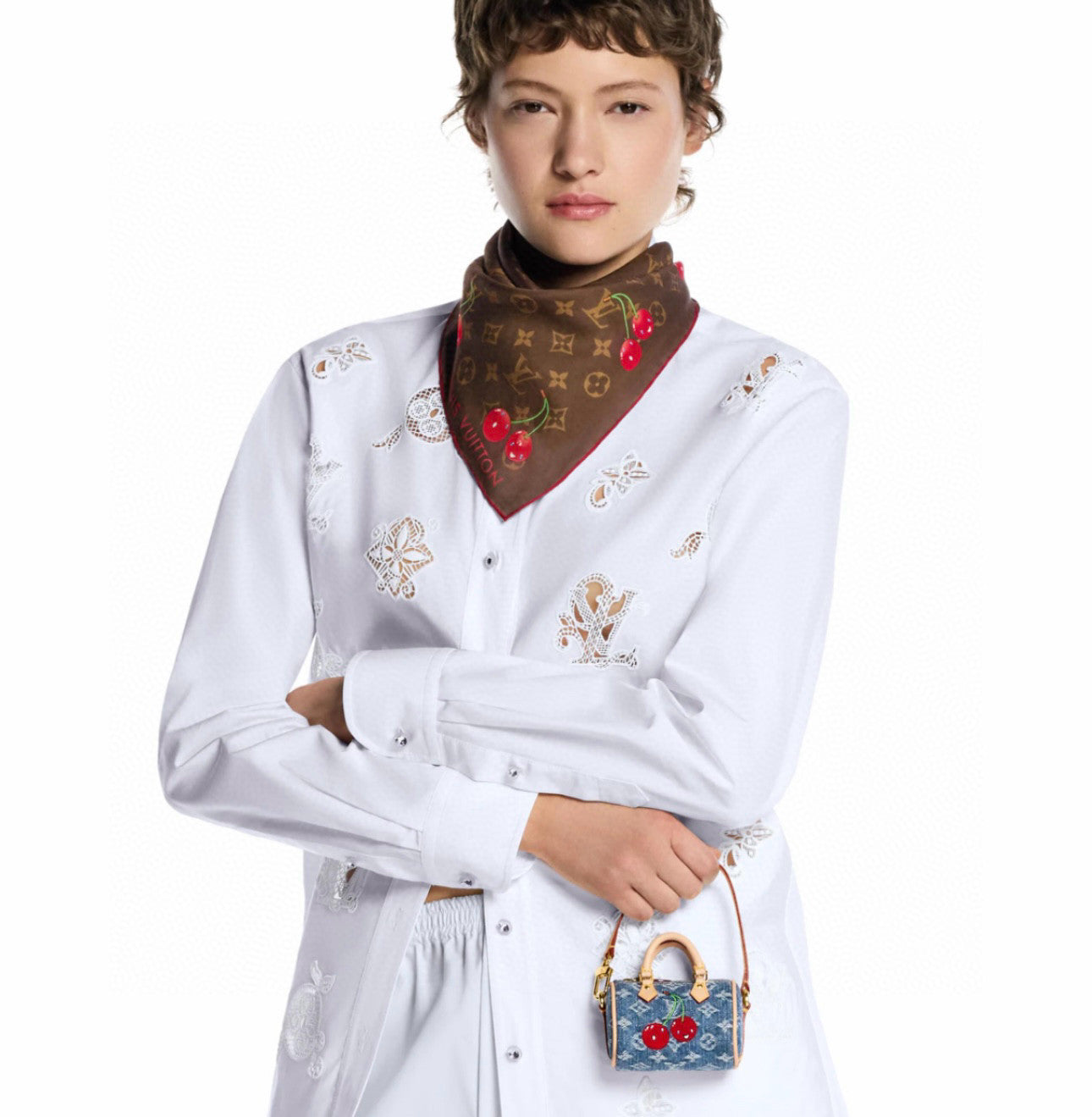 LV x TM Micro Speedy Denim Cerise Women's Blue Denim Fabric Cherry Pattern Mini Bag Bags #77583