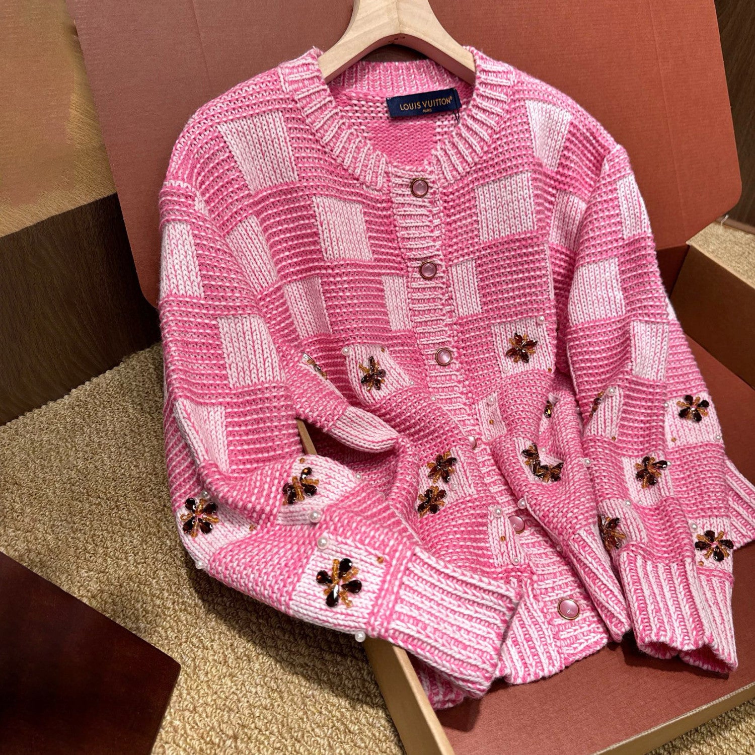 DAMIER Men's And Women's Spring/fall Fashion Casual Crew Neck Single-button Checkered Pattern Sweater With Delicate Floral Embroidery Details Knit Cardigan #79247