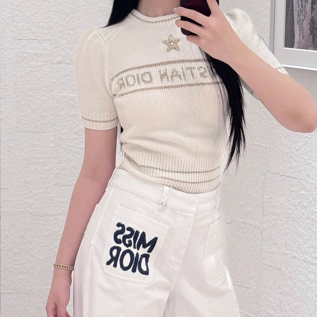 Women's Wool Blend Knit Short Sleeve Top Round Neck Fashion Temperament Short T-Shirt Knitwear #81137