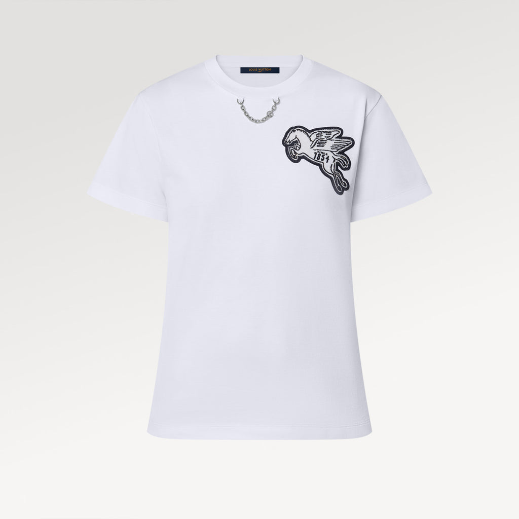 Men's Women's Spring Summer Chain Appliques Pattern Loose T-Shirt Round Neck Cotton Top Ngvp #8866