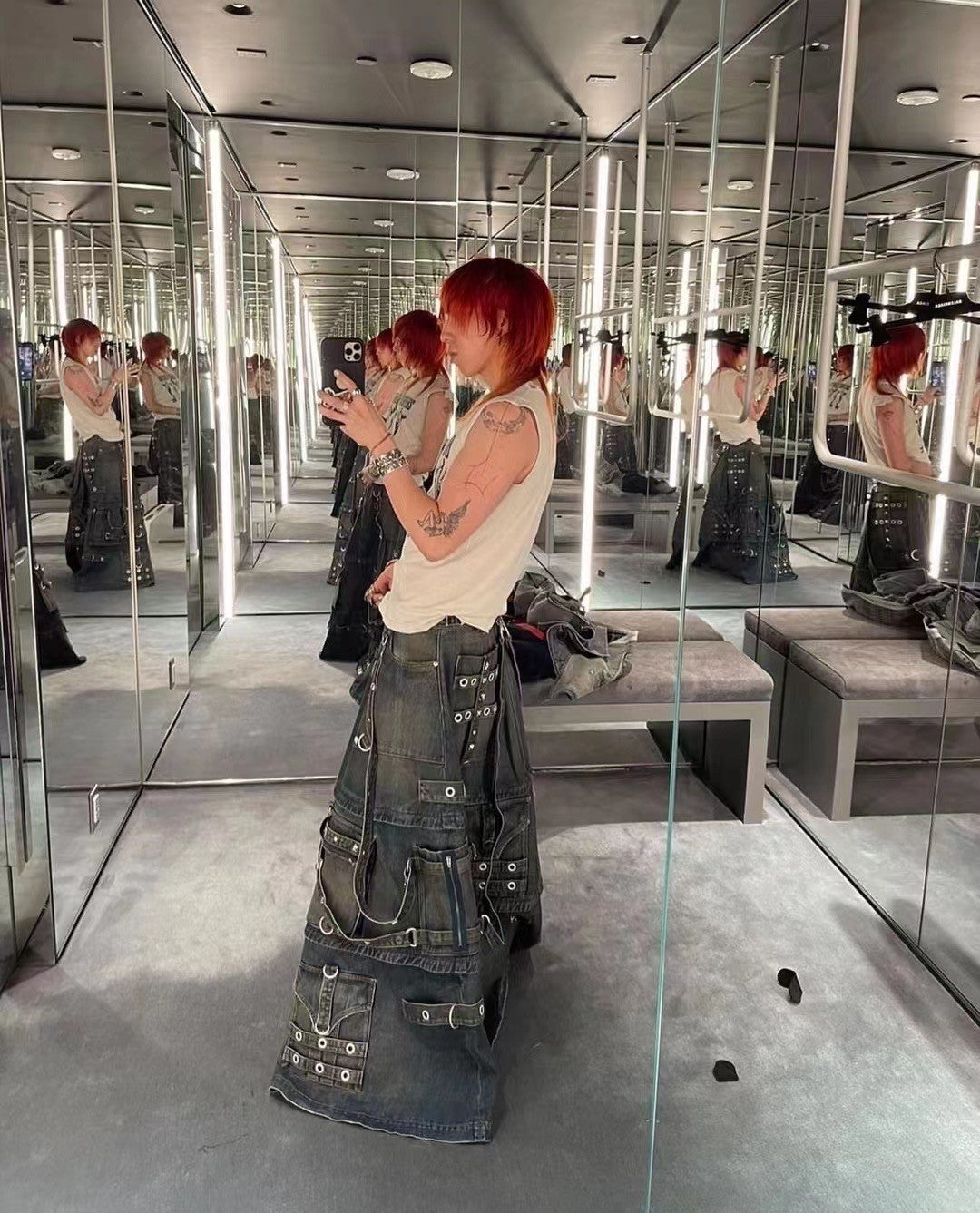 Men's Skirt Vintage Rivets Straps Detachable Denim Skirt High Street Ragged Trend Punk Style Jeans Pants #71841