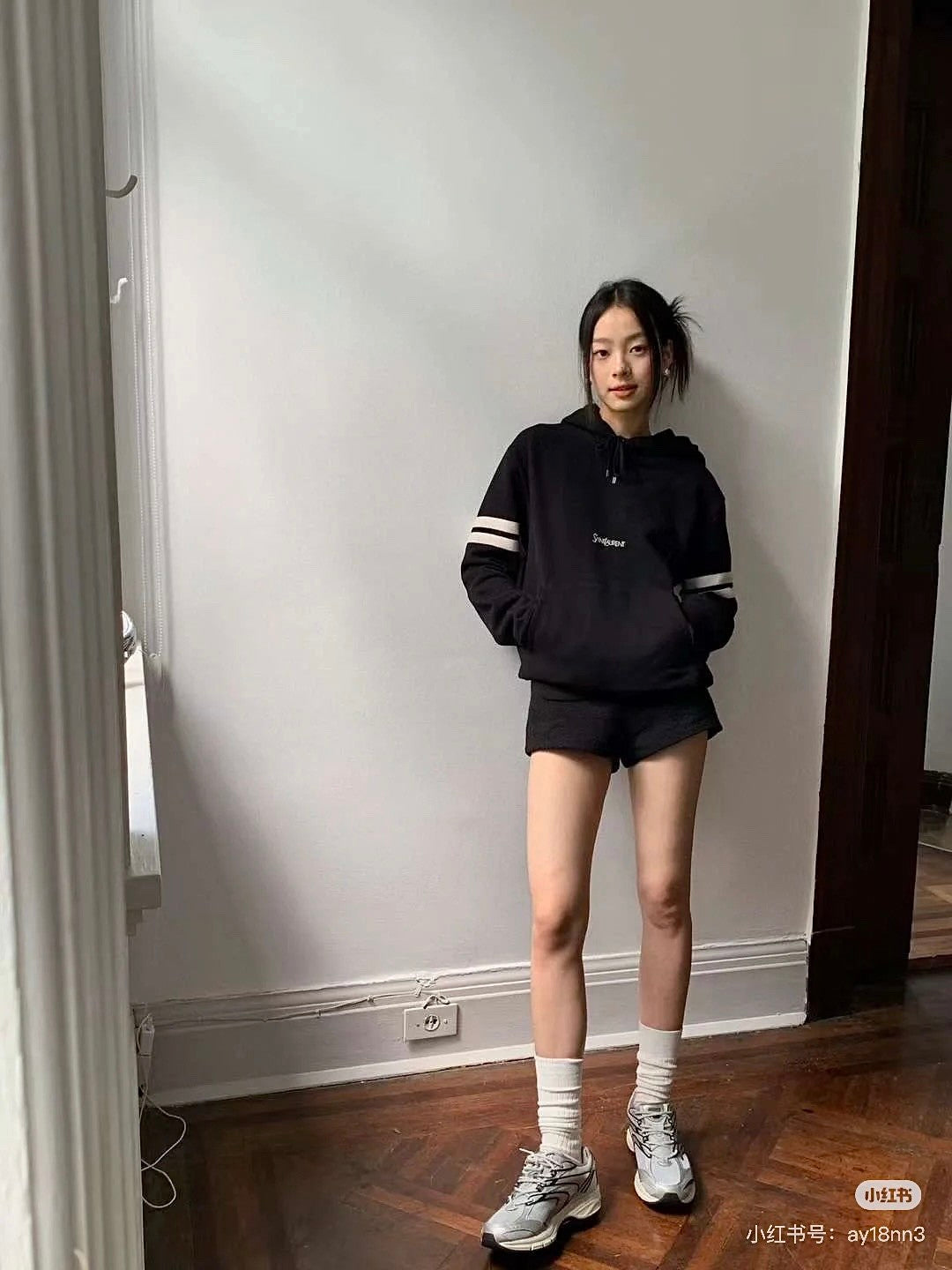 Women's Spring and Autumn Black Striped Hooded Drawstring Long Sleeve Sweatshirt Pullover #72918